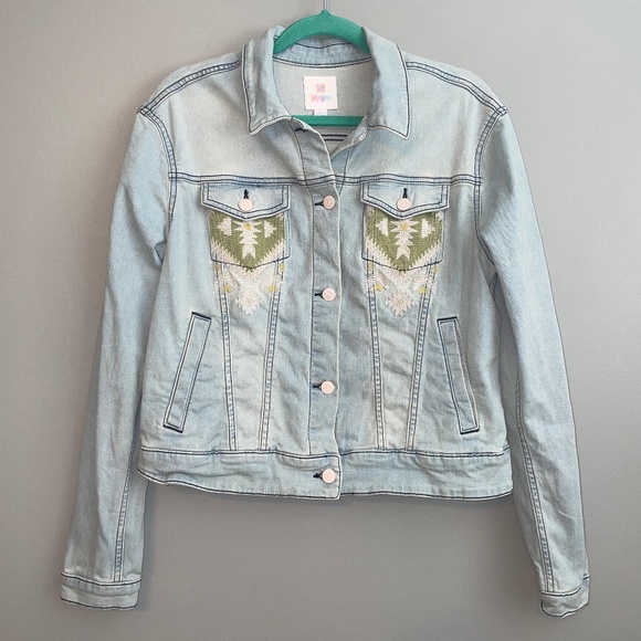 EUC LuLaRoe Harvey Southwestern Embroidered Light Wash Jean Jacket Size Large - Picture 1 of 6